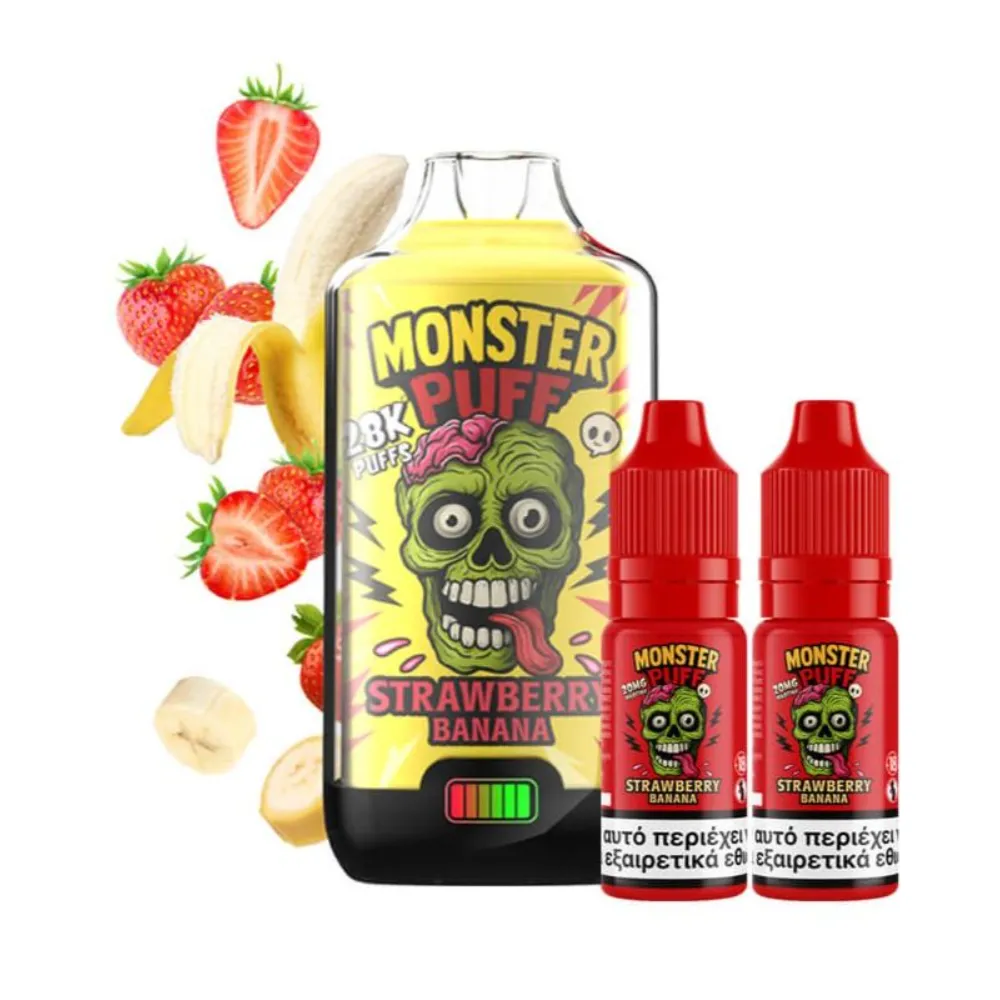 Monster Puff 28K Kit Strawberry Banana Συσκευή 2ml & 2x10ml 20mg