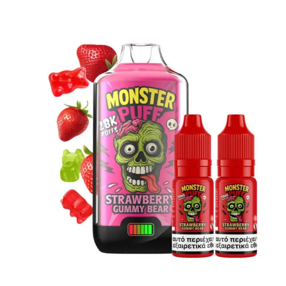 Monster Puff 28K Kit Strawberry Gummy Bear Συσκευή 2ml & 2x10ml 20mg
